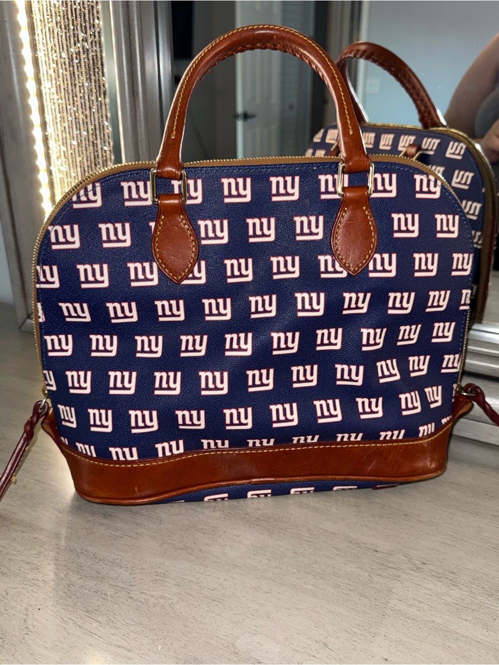 Dooney & Bourke Navy NY Giants Logo Satchel with Brown Trim and Red Interior - Picture 4 of 14